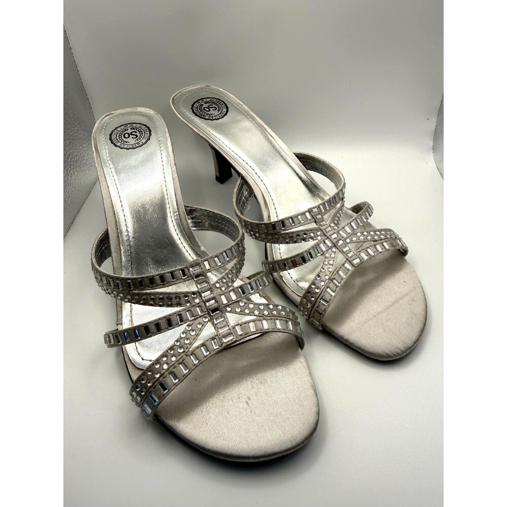 SO Womens 8 Silver Satin Rhinestone Embellished Slide Mule Kitten Heel Sandal